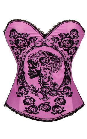F66366    Pink Cotton Floral And Skull Burlesque Corset
